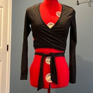 SHEIN Black Glitter Cropped Wrap Top Long Sleeve